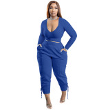 Blue Casual Solid Bandage Patchwork V Neck Women Two Pieces Pant Set