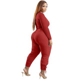 Red Casual Solid Bandage Patchwork V Neck Women Two Pieces Pant Set