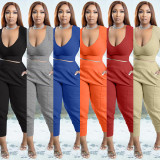 Apricot Casual Solid Bandage Patchwork V Neck Women Two Pieces Pant Set