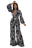 Sexy Club Wear Girls Clothing Casual Long Sleeve High Waist V Neck Printed Jumpsuits