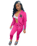 Solid Color Offset Printed Letter Zipper Sports Two Piece Set