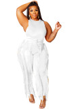 Solid Color Fringe Sleeveless Two Piece Pant Set