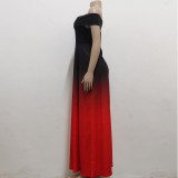 Fshion Gradient Color Off Shoulder Tube Top Pleated Maxi Dresses