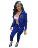 Solid Color Offset Printed Letter Zipper Sports Two Piece Set