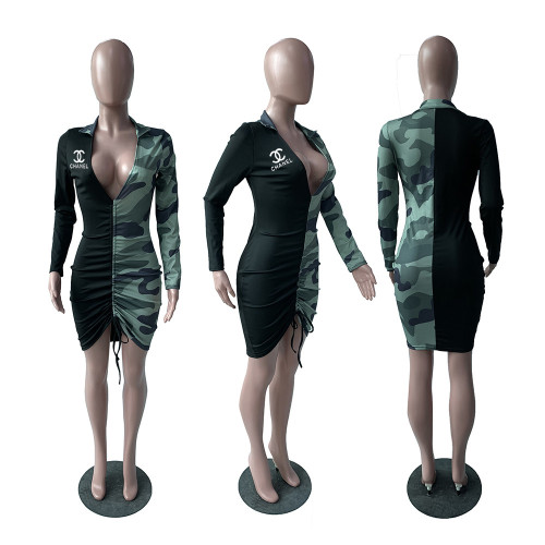 New Women's Long Sleeves V Neck Camouflage Print Draped Slim Dress