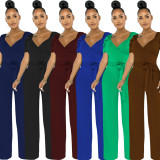 Women's Solid Color V Neck Short Sleeve Jumpsuits
