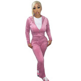 Women Solid Color Sets Velvet Thread Zipper Hood Wear Lounge Wear Suit Sport Set Tops+Pants