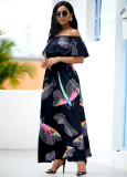 Black Fashion Print Flounce Off the Shoulder Waist Skirt Dresses