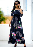 Black Fashion Print Flounce Off the Shoulder Waist Skirt Dresses