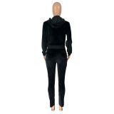 Women Solid Color Sets Velvet Thread Zipper Hood Wear Lounge Wear Suit Sport Set Tops+Pants