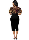 Leopard Puff Sleeve Bowknot Bodycon Dress