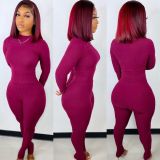 Women's Solid Color Pit Slim Long-Sleeved Trousers Elastic Waist Autumn Two-Piece Set