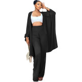 Casual Solid Lace-Up Sleeve Cardigan Micro Pleated Wide Leg Pants Set