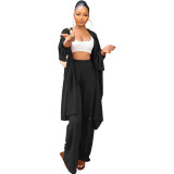 Casual Solid Lace-Up Sleeve Cardigan Micro Pleated Wide Leg Pants Set