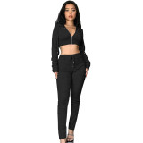 Women Solid Color Clothes Set Long Sleeve Hoodie Crop Tops with Zipper + Long Pants