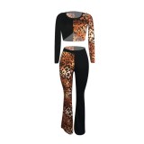 Leopard Print Contrast Patchwork Long Sleeve Flared Jumpsuit