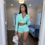 Knit Two Piece Outfits Summer Crop Hoodie Jacket Tops Shorts Tracksuit Sets