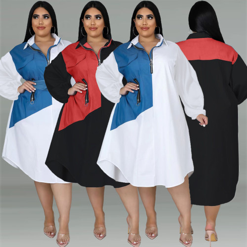 2022 Elegant A-line Shirt Loose Neck Folding Zipper Patchwork Women Plus Size Dress