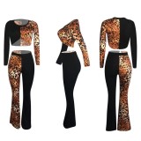 Leopard Print Contrast Patchwork Long Sleeve Flared Jumpsuit