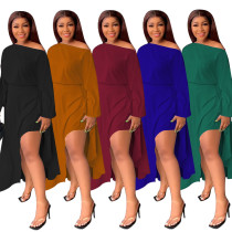 Solid Color Slash Neck Irregular Slit Pleated Dress