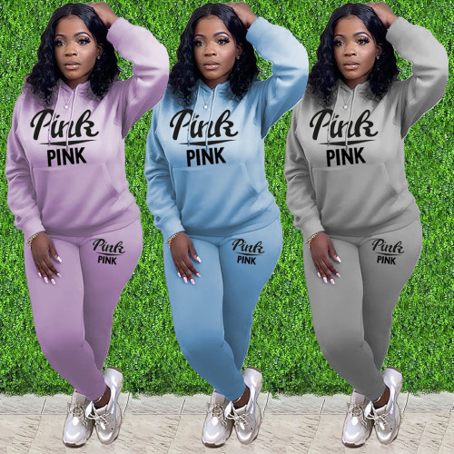 Casual Offset Hooded Pocket Loose Sweatshirt Pants Sports Two-Piece Set