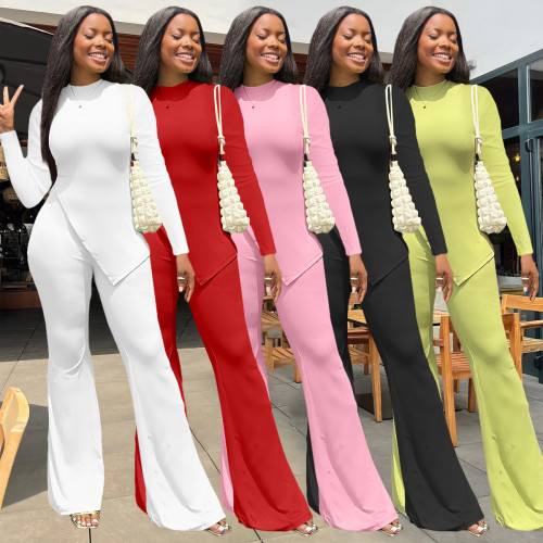 Solid Color Autumn Women's Long Sleeve Irregular Top Slit Flared Pants Two Pieces