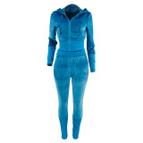 Solid Color Stand Collar Long Sleeve Tops and Long Pants Velour Tracksuit Sets