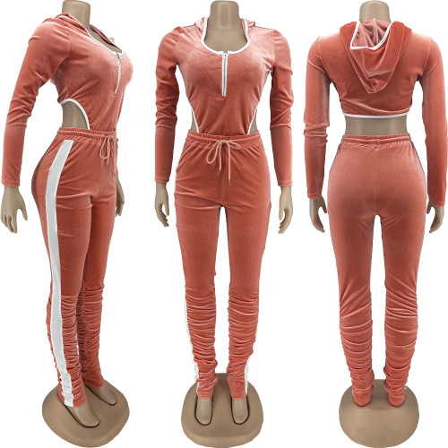 Women's Velvet 2 Piece Tracksuit Zip Up Hoodie Stacked Pants Set Sweat Suits