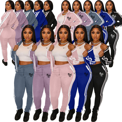 Womens Printed Sexy 2 Pieces Paneled Zipper Jackets Bodycon Tracksuit Set