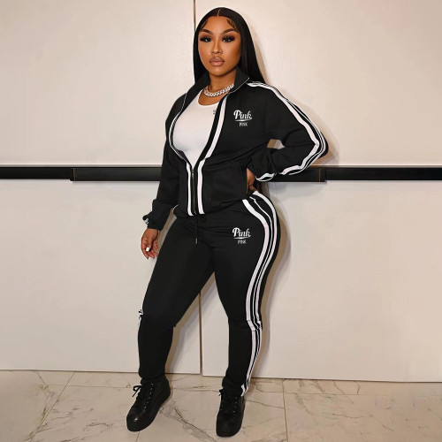 Womens Printed Sexy 2 Pieces Paneled Zipper Jackets Bodycon Tracksuit Set