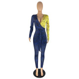 Autumn Colorblocking Letter Fashion Nightclub Sexy One Piece Wrap V Neck Long Sleeve Jumpsuit