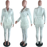 Solid Color Long Sleeve Buttons Fringe Dress Jacket and Trousers Two Pieces