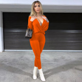 Casual Sexy Solid Color V-neck Cross Pleated Loose Tops Trousers Two Piece Set