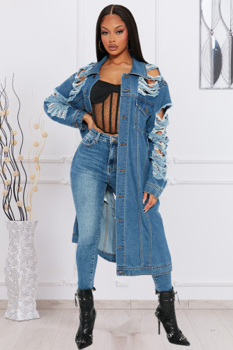 Playback Ripped Long Denim Trucker Jacket