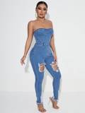 Casual Ripped Zipper Strapless Tube Women's Fitted Denim Jumpsuit