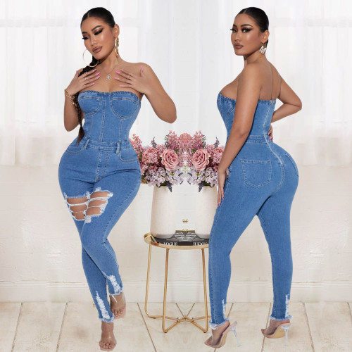 Casual Ripped Zipper Strapless Tube Women's Fitted Denim Jumpsuit