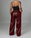 Women's Faux Leather Wide Leg Pants Vintage High Waist PU Leather Palazzo Pants