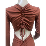New Fashion Women Solid Long Sleeves Pleated Drawstring Skinny Casual Jumpsuit
