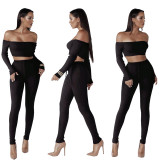 Women Fashion Thread Off Shoulder Crop Top 2 Piece Set Casual Bodycon Casual Outfit Sportswear