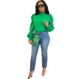 Women Bow Back Stand Neck Puff Long Sleeve Blouses Tops