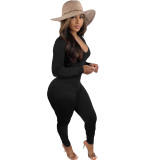 New Fashion Women Solid Long Sleeves Pleated Drawstring Skinny Casual Jumpsuit