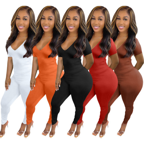 Fashion Women Solid Short Sleeve Pleated Drawstring Skinny Casual Jumpsuit