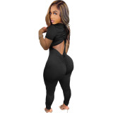 Fashion Women Solid Short Sleeve Pleated Drawstring Skinny Casual Jumpsuit