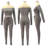 Women Fashion Thread Off Shoulder Crop Top 2 Piece Set Casual Bodycon Casual Outfit Sportswear