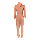 Winter Orange Fleece Two Piece Sweatpants and Hoodie Set for Women