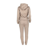 Autumn Winter Thick Drawstring Jogger Two Piece Mocha Sweatpants and Hoodie Set