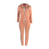 Winter Orange Fleece Two Piece Sweatpants and Hoodie Set for Women