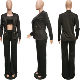 Fashion Vest Long Sleeve Ruffle Hem Peplum Blazer Plain Wide Legs Three Piece Sets Women's Pants Set