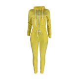 Winter Yellow Fleece Two Piece Sweatpants and Hoodie Set for Women
