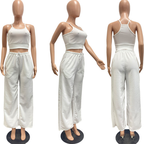 Solid Long Sleeve Crop Top + Trumpet Sleeve Camisole + Wide Leg Pants 3 Piece Sets